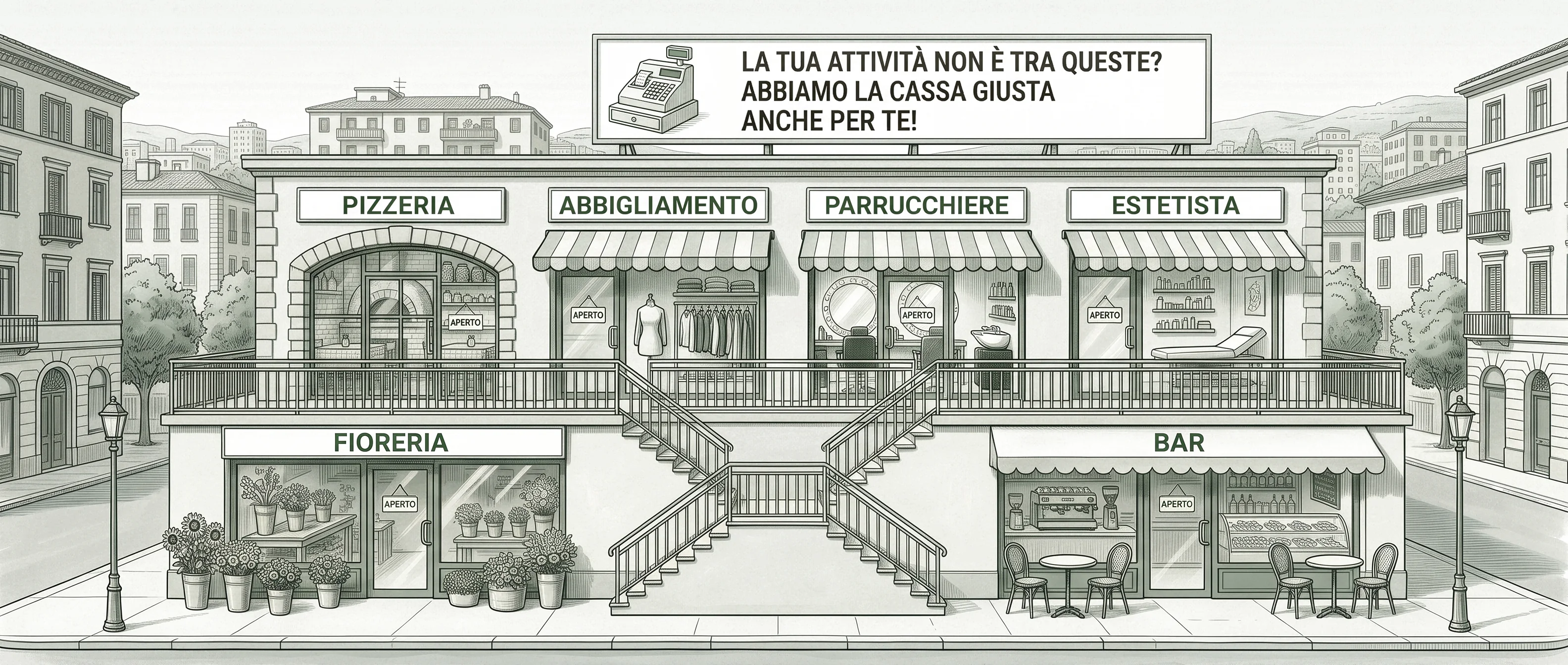 Illustrazione dei negozi serviti: fiorista, bar, pizzeria, negozio di abbigliamento, parrucchiere ed estetista